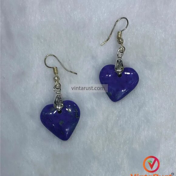 Heart Shaped Lapis Lazuli Earrings: Blue Stone Drop Earrings for Women - Picture 2 of 3